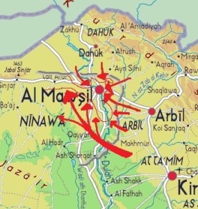 Mappa generica delle operazioni militari con attacchi concentrici per la liberazione di Mosul. La linea di difesa iniziale dell’Isis era quella tracciata in grigio qualche settimana fa. Al 2 novembre è quella tracciata con una sottile linea rossa, a meno di varie sacche di pochi miliziani.