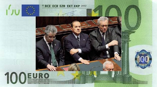 Berlusconi in parlamento con Bossi e Tremonti su banconota 100 Euro