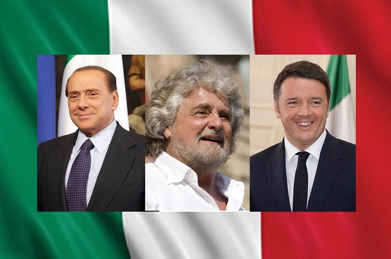 Berlusconi Grillo Renzi su bandiera italiana 2