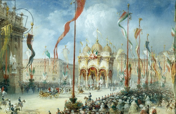 DGA646212 King Victor Emmanuel II attending opening of Italian parliament, by Carlo Bossoli (1815-1884), 19th century; (add.info.: King Victor Emmanuel II attending the opening of the Italian parliament April 2, 1860, by Carlo Bossoli (1815-1884). Unification era, Italy, 19th century.); De Agostini Picture Library / F. Gallino;  out of copyright