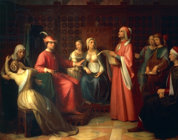 DGA766870 Dante Alighieri (1265-1321) reading Divine Comedy in Guido Novello's court, 1850, by Andrea Pierini (1798-1858), oil on canvas, Italy, 19th century; (add.info.: Florence, Palazzo Pitti (Pitti Palace) Galleria D'Arte Moderna (Gallery Of Modern Art)); De Agostini Picture Library / G. Nimatallah; FRENCH PUBLISHING RIGHTS NOT AVAILABLE;  out of copyright